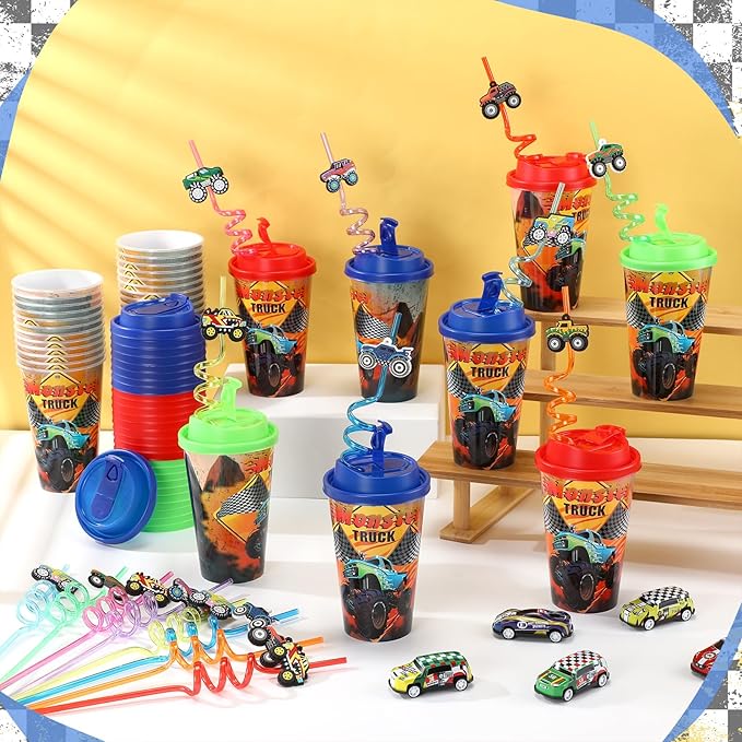Yungyan 16 Sets Monster Truck Party Favors Goodie Cups with Lids and Straws for Birthday Decorations Reusable 16oz Plastic Candy Cups Plastic Straws for Birthday Party