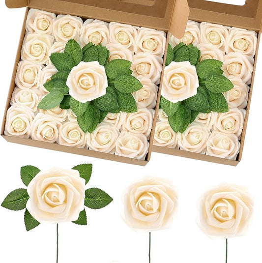 50 Pcs Artificial Foam Rose Flower Faux Bouquet Wedding Fake Rose Gift for Mother's Day Women DIY Bridal Shower Party Table Birthday Home Spring Decor (Champagne)