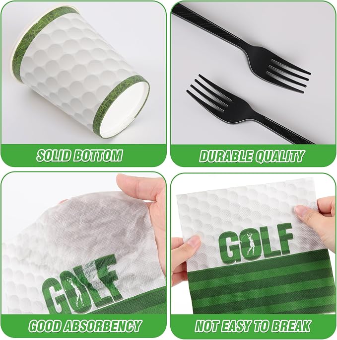 400 Pcs Disposable Golf Party Tableware Set for 50 Guests | Heavy-Duty 7" & 9" Paper Plates, Cups, 13" Napkins & Plastic Cutlery for Game Day and Birthday Party Supplies