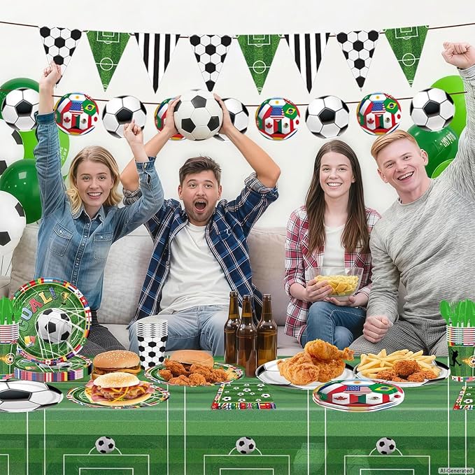 Soccer Party Supplies Decorations Kit for 24 Guests-The 23rd World Cup Design Dinnerware-Plates(9&7in) Napkins Cups Cutlery 2 Tablecloths & Soccer Pennant Flags Banner for Party, World Cup, Birthday