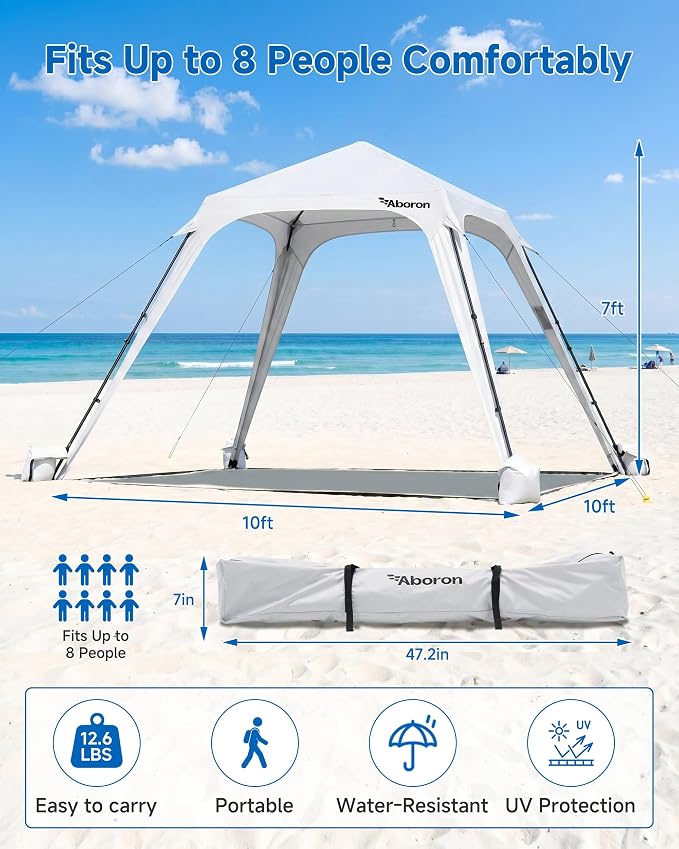 Slsy Beach Tent 10 x 10 FT, Beach Shelter with Removable Side Wall, UPF 50+ Canopy Cabana for Sun Protection, Easy Setup Shade with Sandbags, Stakes & Guy Lines, Wind Resistant, Fits 6 People