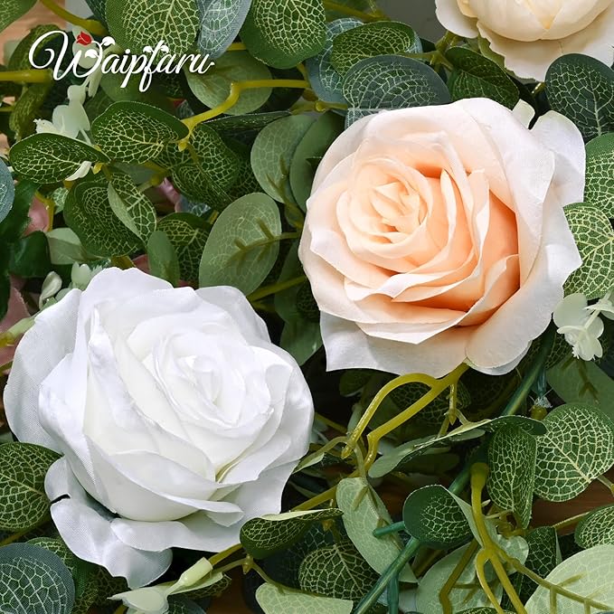 Waipfaru 6Ft Eucalyptus Greenery Garland with Flowers, Flower Rose Garland Decorations for Wedding Table Runner Centerpieces Backdrop Party Room Decor (White)