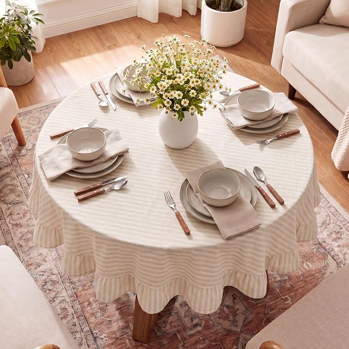 Boao Cotton 60 Inch Farmhouse Ruffle Tablecloth Beige White Striped Flounces Trim Table Cover for Round Table Kitchen Party Wedding Decor