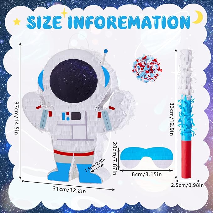 Meooeck Astronaut Piñata 14.5 x 12.2 x 2.95 Inch Outer Space Party Decorations Space Themed Party Supplies with Plastic Stick Paper Blindfold Confetti for Birthday Kids Boys Girls Decoration