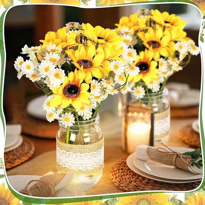 Cinrobiye 6 Sets Sunflower Mason Jar Table Centerpiece Faux Floral with Rope Boho Rustic Flower Mason Jar Vases Reception with Accessories for Engagement Party Bridal Baby Shower Wedding Table Decor