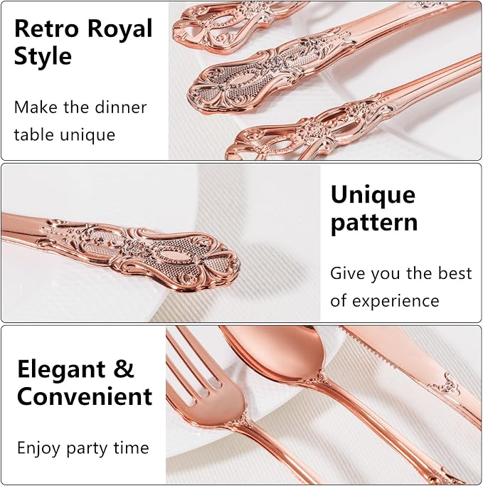 300PCS Rose Gold Plastic Silverware - Heavy Duty Elegant Disposable Utensils - Vintage Rose Gold Cutlery Set Includes 100 Forks, 100 Spoons, 100 Knives for Dinner Parties Weddings