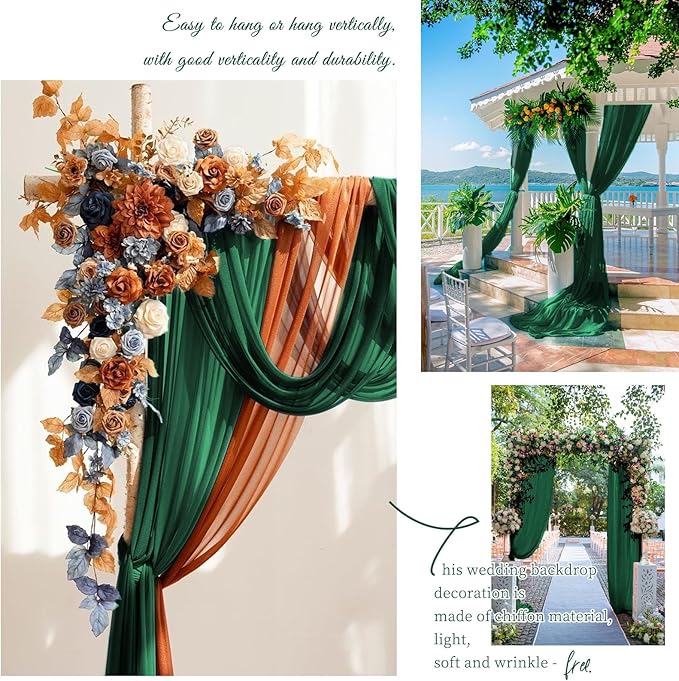 Wedding Arch Draping Fabric,4 Panels 28" x18ft Emerald Green Wedding Arch Drapes for Ceremony Sheer Chiffon Fabric Drapes Arbor Drapery Decorations for Reception Party