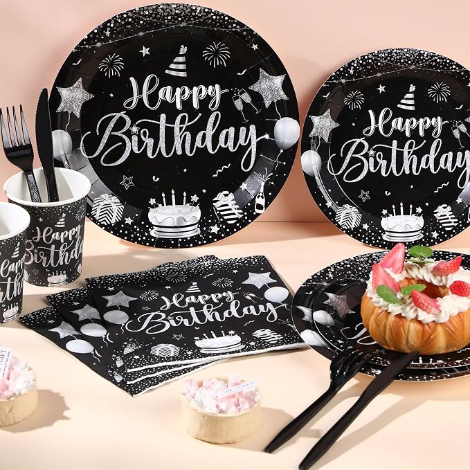 Vesici 171 Pcs Happy Birthday Party Supplies 24 Set Disposable Party Tableware include Plates Cups Napkins Cutlery and Banner Tablecloth Birthday Dinner Decorations for Men Woman(Black, Silver)