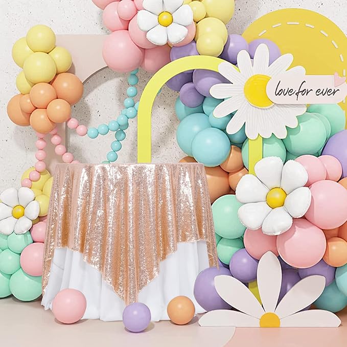 Poise3EHome Rose Gold Sequin Tablecloth 90×90 Inch Square Sequin Fabric Table Cover Overlay for Baby Shower Birthday Party Wedding Holiday Cake Table Decoration