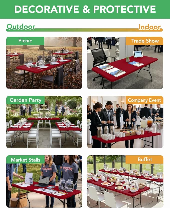 KeyWave Fitted Tablecloth Rectangle Table Cloths - 6 Pack 8 Foot Elastic Stretch Folding Table Top Cover Water-Resistant Reusable for Outdoor Picnic Camping Party Event, Red, 96" L x 30" W