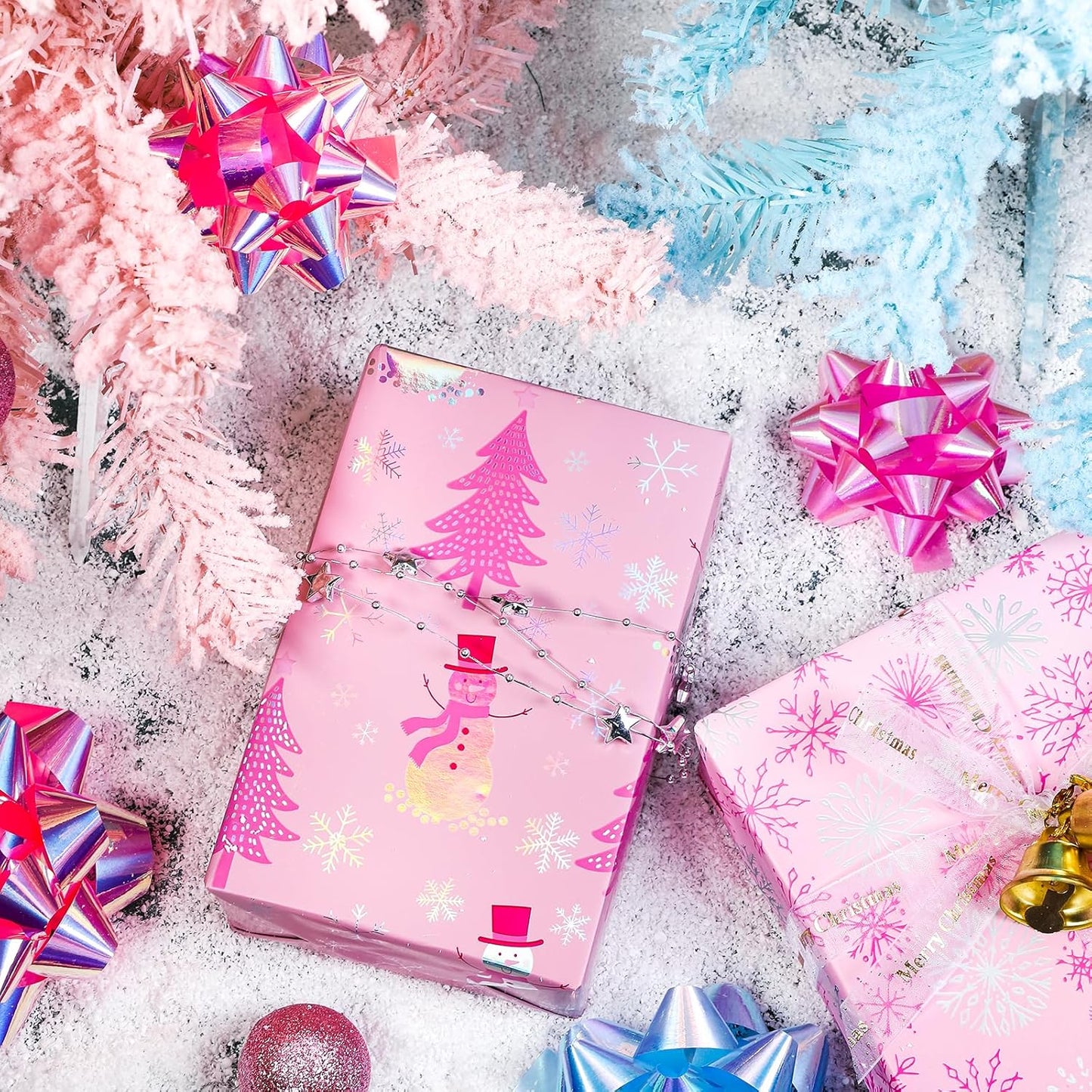 LeZakaa Christmas Pink Wrapping Paper Jumbo Roll, Snowman Christmas Tree & Snowflake Metallic Foil, Rose Gold Foil Reversible Design for Festive Winter Holiday, Family Gathering, 30 inches x 32.8 Feet