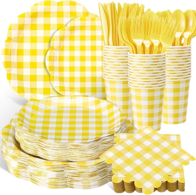 Funnymoom 400 Pcs Gingham Party Supplies for 50 Guests Yellow and White Paper Plates and Napkins Knives Spoon Fork Cup Disposable Checkered Dinner Party Set Cutlery for Baby Shower Wedding Favor
