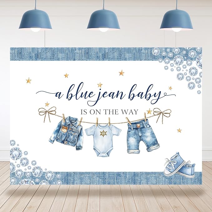 Baby Shower Backdrop A Blue Jean Baby is On The Way Denim Diamond Clothes Photography Background for Newborn Shower Party Decoration Cake Table Banner Supplies Photo Booth Studio Props 7x5ft