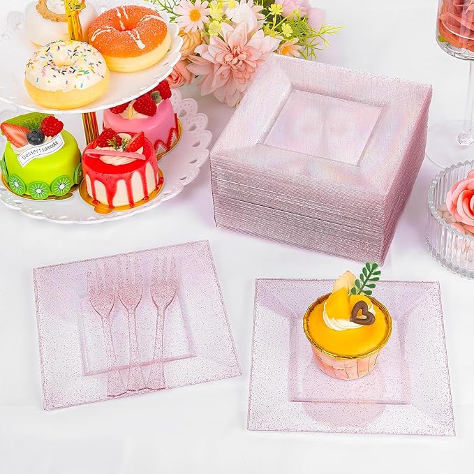 DaYammi 100Pcs Pink Dessert Plates with Forks Including 50Pcs Appetizer Plates,50Pcs Plastic Forks,Glitter Square Plate pink Disposable plates for Wedding,Plastic Cake Plate for Mother's Day Party