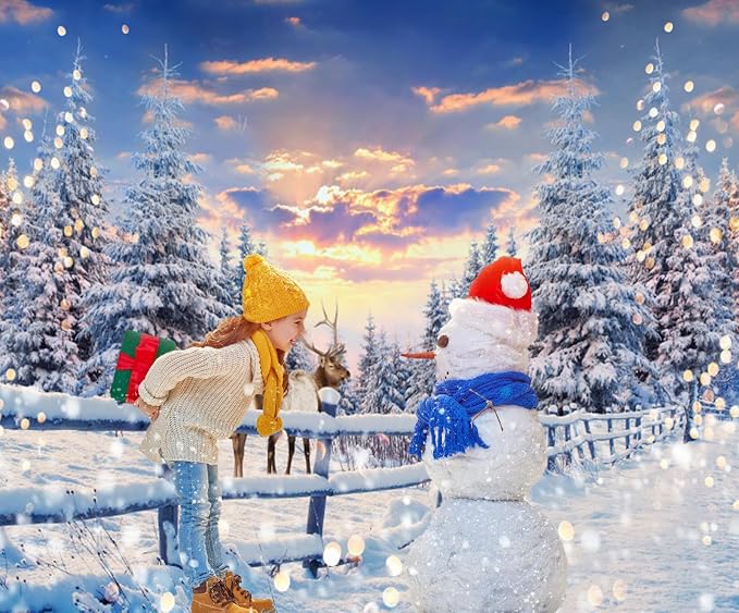 Winter Wonderland Christmas Backdrop 10x8ft for Photography Forest Reindeer Snow Winter Scene Backdrop for Pictures Christmas Party Holiday Background Decorations Photo Booth