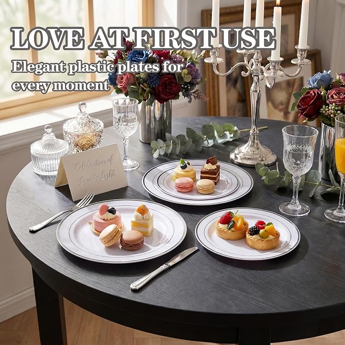 I00000 100pcs Silver Plastic Plates, Disposable Plastic Party Plates with White Silver Rim Fancy Wedding Party Plates Include 50 Dinner Plates 10.25" and 50 Dessert Appetizer Plates 7.5"