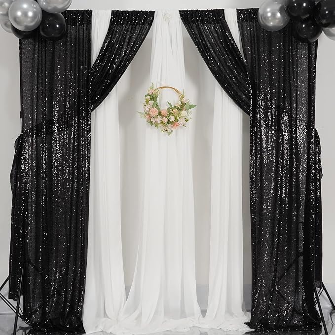 Poise3EHome Black Sequin Backdrop Curtain, 2 Panels 2Ft x 8Ft Glitter Photography Background for Party Baby Shower Wedding Birthday Christmas Thanksgiving Halloween Decoration