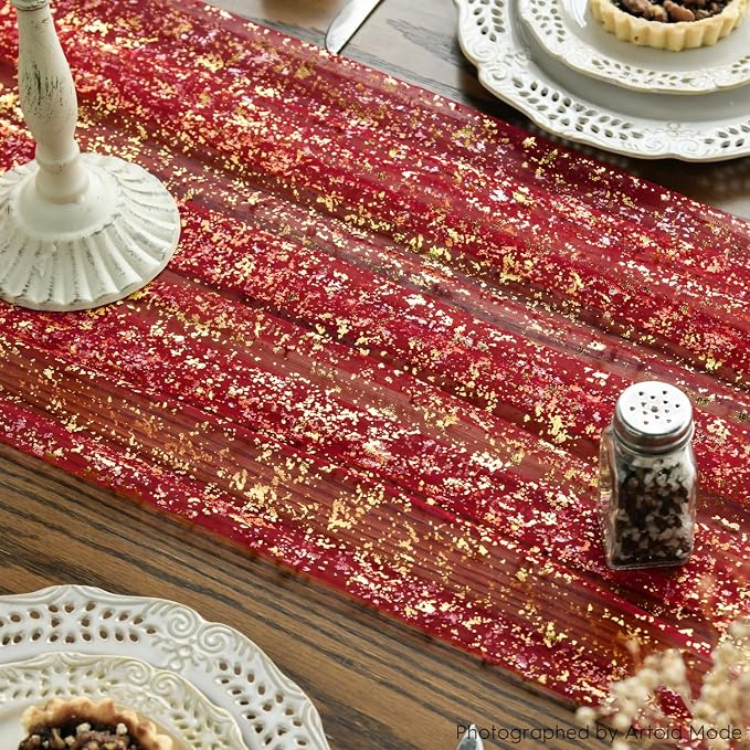 Artoid Mode Red Gold Gauze Table Runner 120 Inch 10FT, Glitter Metallic Foil Sheer Dining Wedding Anniversary Holiday Table Decor for Home Party