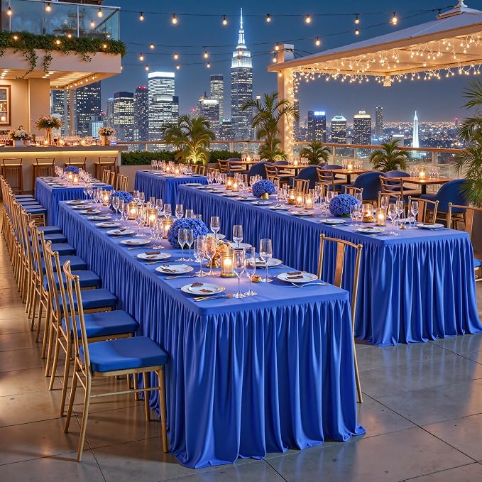 PARTISKY 2 Pack Royal Blue Tablecloths for Rectangle Tables 8ft, Wrinkle Resistant Spandex Table Cover Fitted Stretch Table Cloth with Pleated Ruffle Skirts for Party Banquet Dining Birthday Wedding