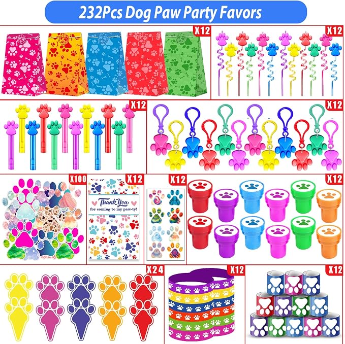 PLOUGVI 232Pcs Paw Print Party Favors Supplies Decorations for for Kids Birthday Blue Puppy Theme Birthday Party Favors Goodie Bag Stuffer Pinata Filler Birthday Gifts