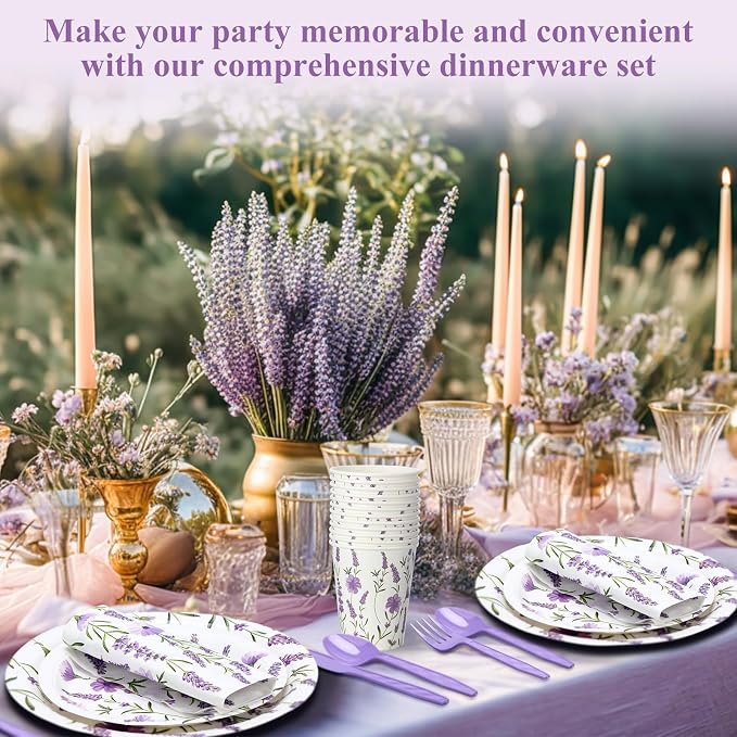 Funnymoom 400 Pcs Purple Lavender Floral Party Supplies Spring Lavender Paper Plates Napkins Cups Spoons Forks Knives for Wedding Birthday Bridal Baby Shower Party Decorations