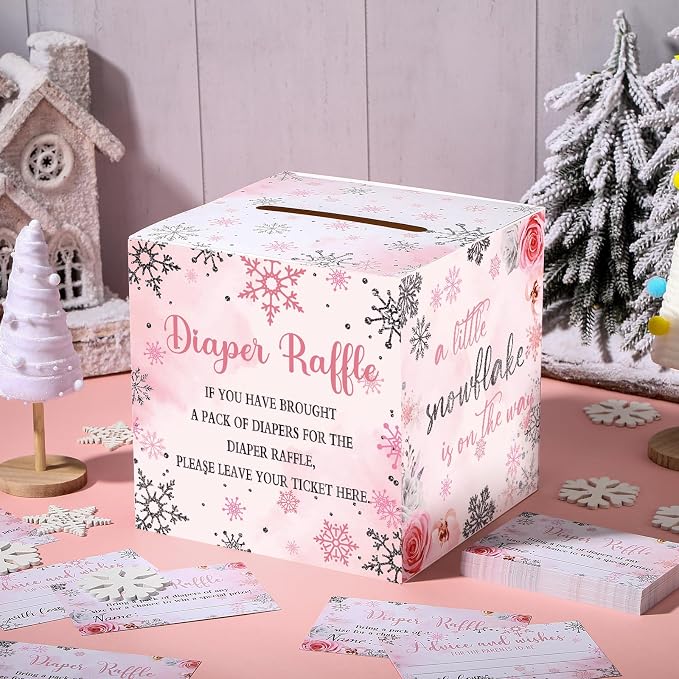 Teling 51 Pieces Diaper Raffle Tickets with Card Box Baby Shower Decorations Baby Shower Holder Box for Girl Boy Diaper Raffle Party(Pink Snowflake)