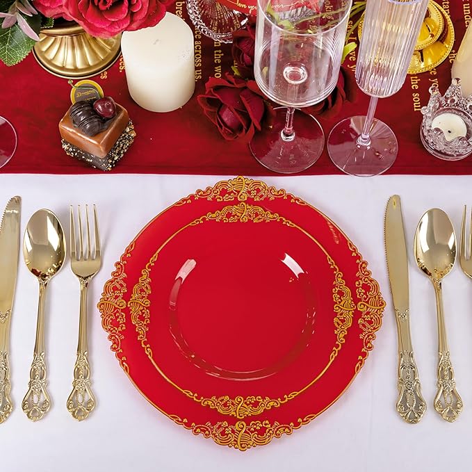 102PCS Red and Gold Plastic Plates - Red Plates Disposable - Vintage Plastic Plate with Gold Rim Include 51PCS Dessert & 51PCS Dinner Plate Perfect for Weddings & Party