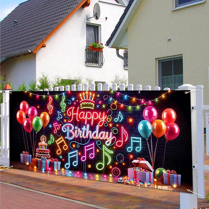 Neon Birthday Garage Door Banner 7x16ft Glow in Dark - Colorful Music Notes & Balloon Backdrop,Glow Party Decor for Adults,Photo Booth Background