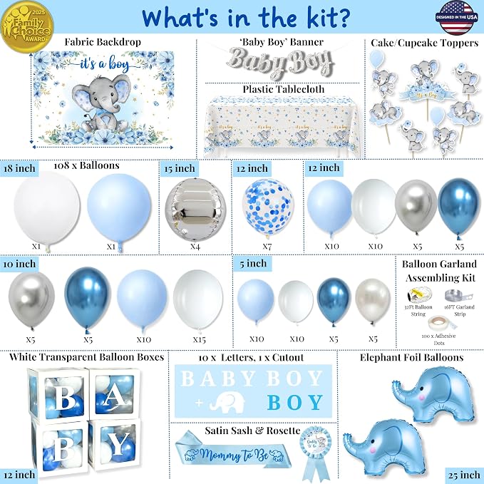 187 Pc Elephant Baby Shower Decorations for Boy - Blue Balloon Garland Kit | 2025 Family Choice Award winner - reusable Oxford-cloth backdrop (not paper), BABY BOY boxes, banner & printable games