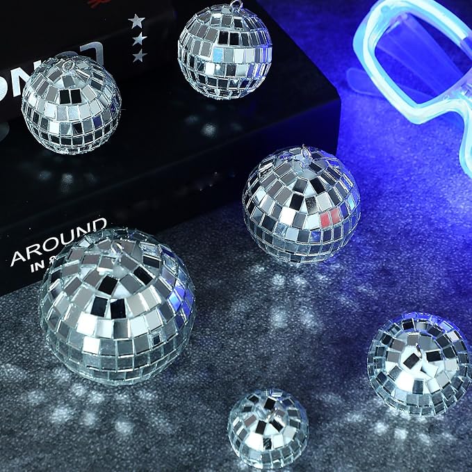 MTLEE 20 Pcs Disco Balls Decoration Mirror Disco Ball Assorted Silver Mini Glass Different Sizes Reflective with Rope for 70s Wedding Dance Music(2.4, 2, 1.6, 1.2 Inch)