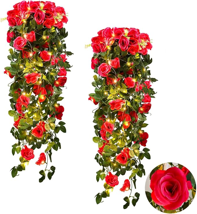 RECUTMS Artificial Rose Red Hanging Flower Plants, 4PCS 37 Inches Fake Floral Ivy Garland with 30 LED Fairy String Lights for Home Room Garden Wedding Labor Day Birthday Party Indoor Outdoor Decor