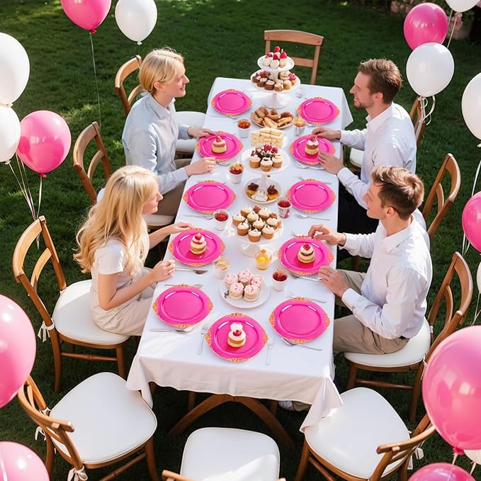 102PCS Clear Hot Pink Plastic Plates - Pink Disposable Plate with Gold Rim - Hot Pink Party Plates Include 51PCS 7.5inch Dessert & 10.25inch Dinner Plate for Wedding Birthday Party Mother’s Day