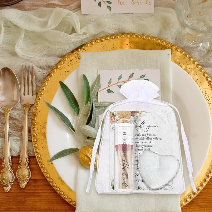 50 Sets Wedding Party Favors for Guests Bulk Including Heart Shaped Candles and Empty Matches Jars with Cork Top Thank You Cards and Organza Bags for Wedding Bridal Shower Party (Boho Flower)