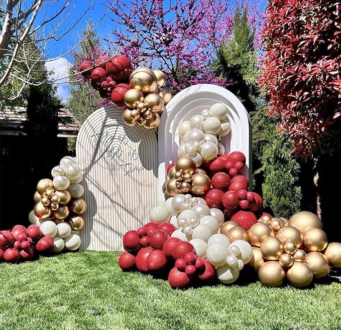 Burgundy Gold Balloons Garland Double Stuffed Wine Red Sand White Metallic Gold Latex Balloons Arch Kit for Bridal Wedding Mother's Day Anniversary Baby Shower Birthday Party Decorations