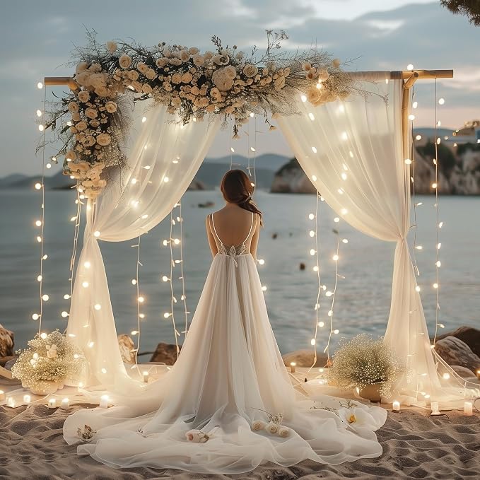 Fomcet Ivory Tulle Backdrop Curtains with Lights String 10FT X 10FT Sheer Curtain with Lights Tulle Curtains Backdrop for Wedding Birthday Party Photo Shoot (2 Panels 5x10FT)