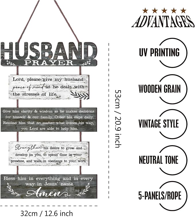 Yudarte Prayer for Husband Rustic Wall Sign with 5pcs Panels Strung Together - Christian Religious Inspiring Farmhouse Home Decor - Sweet Warming Gifts for Men,Him,Guy