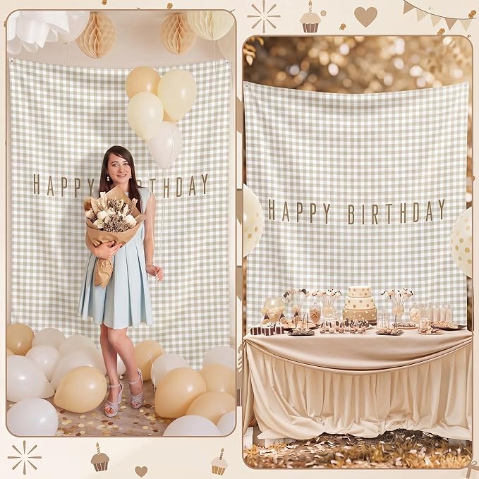 Flutesan 7x5ft Brown Gingham Happy Birthday Backdrop Large Banner Fabric Tapestry Birthday Party Decoration Baby Shower Linen Rustic Background Wall Photo Props Indoor Outdoor