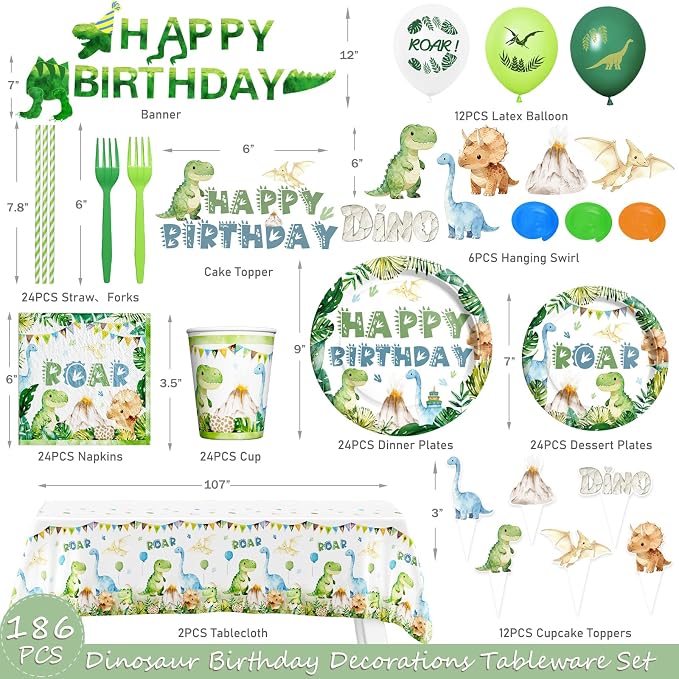 Hombae Dinosaur Birthday Decorations, Dinosaur Birthday Party Supplies with Tableware, Plates, Napkins, Hanging Swirls for Boys Dino Theme Party, Serves 24