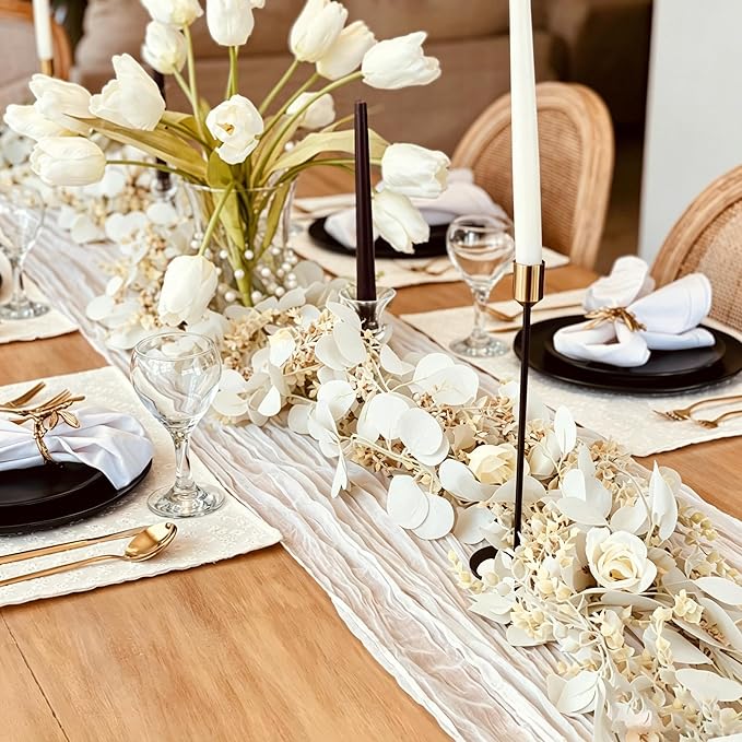 CQURE 2Pack Eucalyptus Garland,Artificial Eucalyptus Leaves Flowers Table Greenery Garland Wreath Vines for Wedding Party Fireplace Bedroom Room Decor