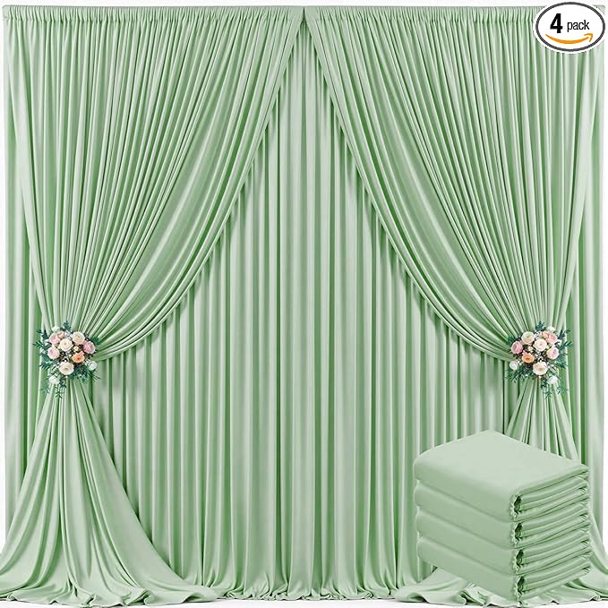 4 Panels Sage Green Backdrop Curtain for Wedding Baby Shower Wrinkle Free 20ft x 10ft Backdrop Drapes Panels for Parties Bridal Shower Birthday Photo Photography Polyester Fabric Background Decoration