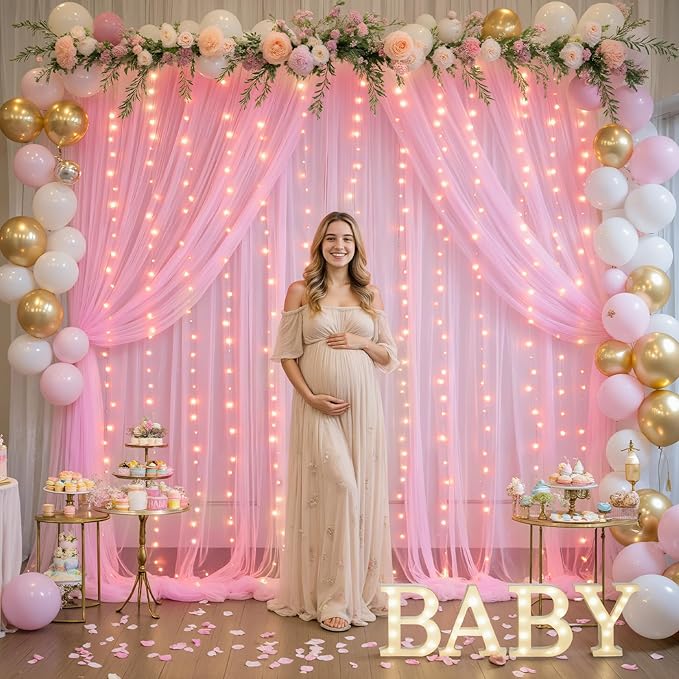 10ft×12ft Pink Tulle Backdrop Curtains with Lights String for Parites Pink Sheer Backdrop Curtains for Baby Shower Girls Birthday Party Wedding Bridal Shower Photo Shoot Background 2 Panels 5×12ft