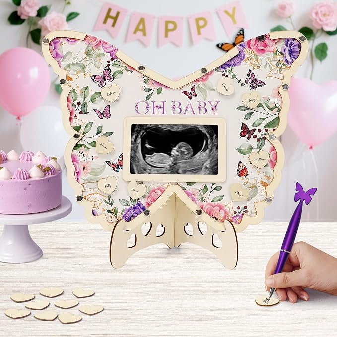 Butterfly Baby Shower Decorations,Purple A Little Butterfly Is On Her Way Baby Shower Guest Book Alternatives with Pen,Photo Frame and 60 Heart Wood Slices for 60 Guests,Gender Reveal Decorations
