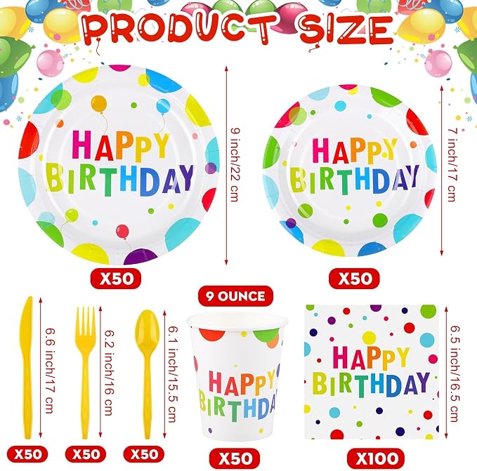 Kochorie 400 Pieces Happy Birthday Party Decorations Including Disposable Paper Plates Cups Napkins Tableware Sets Serves 50 for Birthday Party Supplies