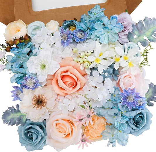 Garisey Artificial Flowers Combo for DIY Wedding Bouquets Combo Centerpieces Arrangements Party Bridal Baby Shower Home Decorations-Blue&White