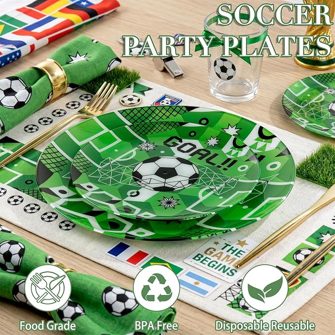 I00000 20 Pcs Plastic Soccer Plates - Green Disposable Plates,Heavy Duty Disposable Plate for Global Soccer Celebration Party Supplies include 10.25" Dinner Plate& 7.5" Dessert Plate for soccer Party