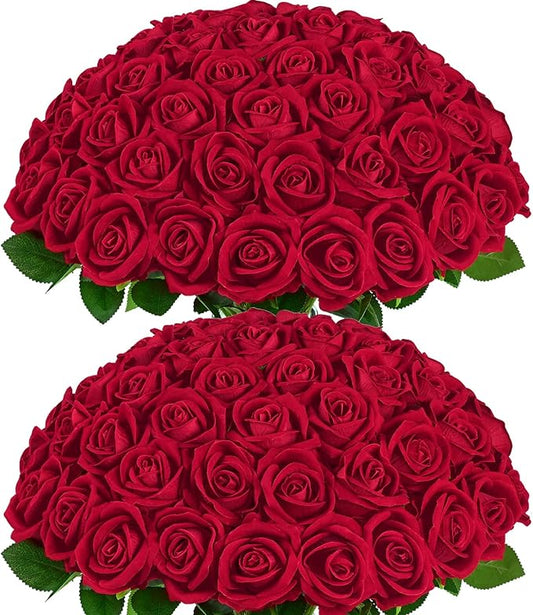 50 Pcs Red Roses Artificial Flowers, Real Touch Velvet Roses Bouquet Fake Flowers Bulk, Artificial Roses with Long Stems for Birthday Gift Women Mom DIY Bridal Wedding Centerpiece Decorations