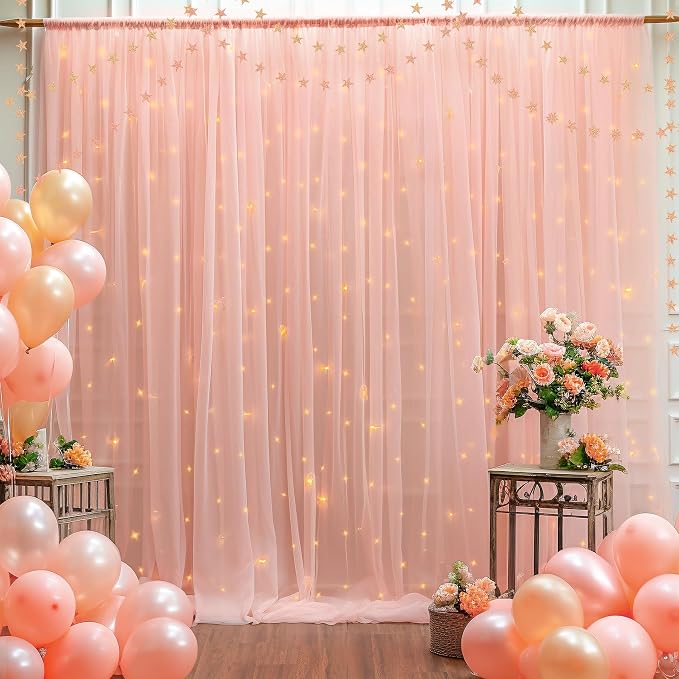 10x8ft Peach Tulle Backdrop Curtain with Lights String for Parites, Sheer Photo Backdrop Curtains with Lights for Wedding Backdrop Ceremony Reception Bridal Shower Baby Shower Birthday Party