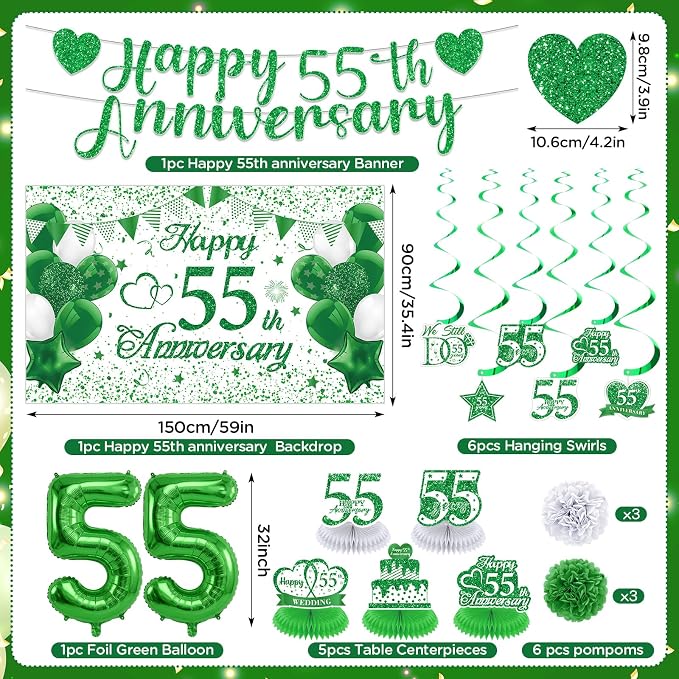 55th Wedding Anniversary Decorations Kit Green Happy 55th Anniversary Banner Backdrop Table Honeycomb Centerpiece Hanging Swirls Poms Decor for Men Women 55 Years Emerald Anniversaries Party Supplies