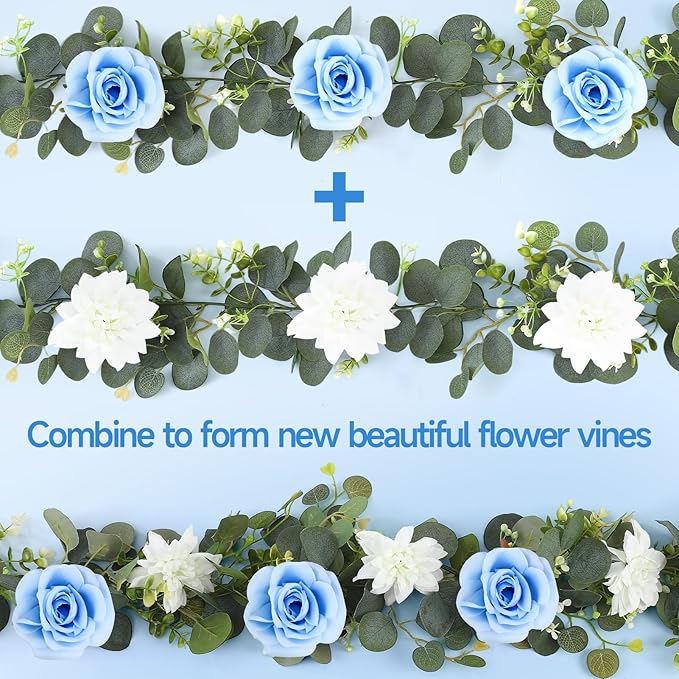 4 Pack Wedding Garland Set, Blue Rose & White Dahlia Hanging Flower Vines for Wedding Arch, Backdrop, Mantel, Home Decor (5.91ft)