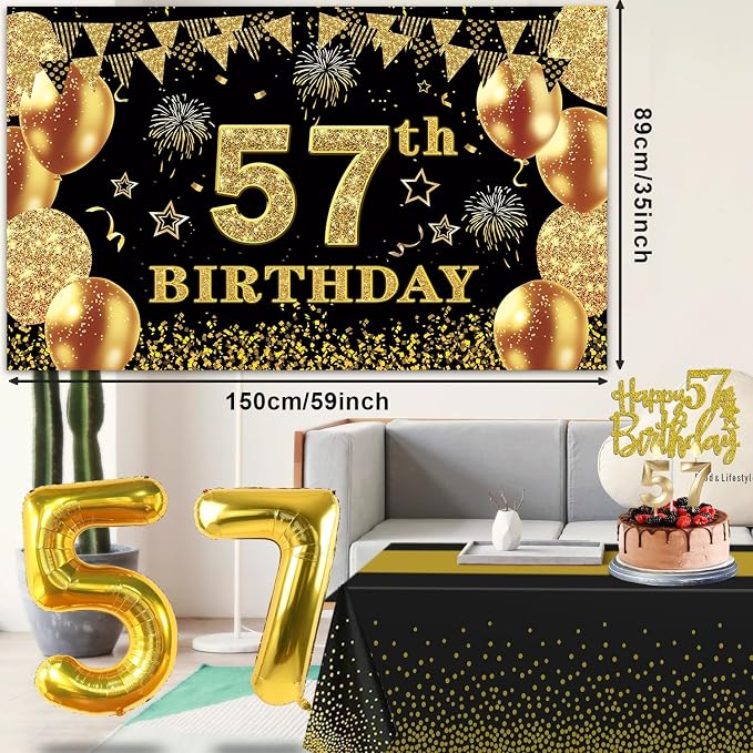 57th Birthday Decorations Men Women with 57th Birthday Banner, Black and Gold Table Cloth, Number Balloons, Sash, Cake Topper and Candles